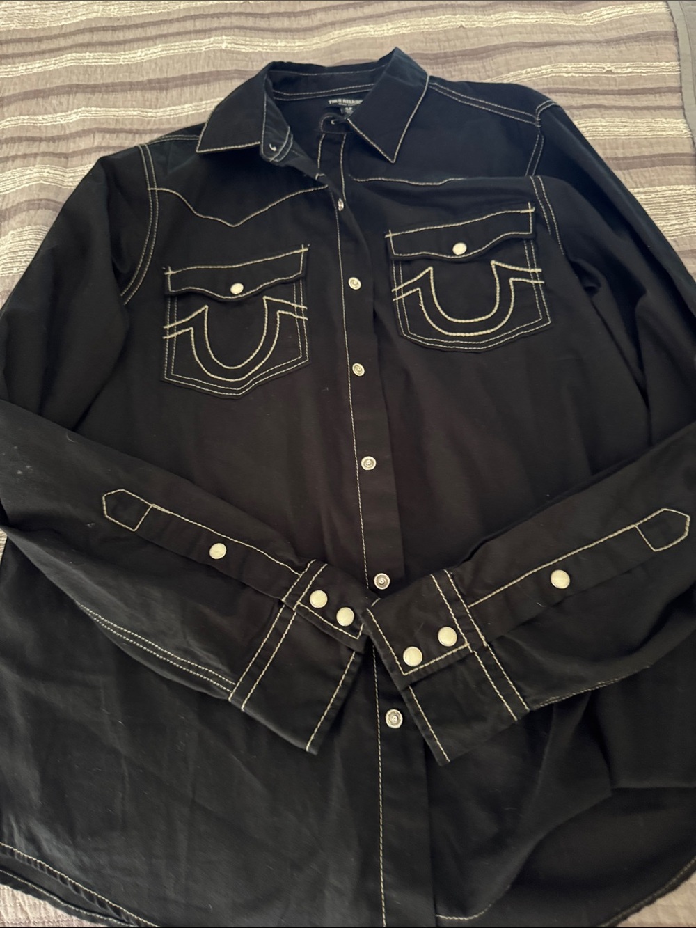 True Religion Black Button-Down Shirt with Contrast White Stitching